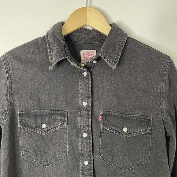 Levi's Western Shirt Top Womens Small Black Washed Denim Pearl Snap Long Sleeve - Picture 3 of 11